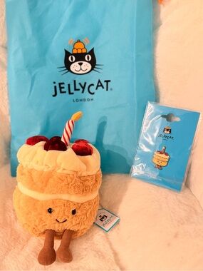 Jellycat  birthday Plush with strawberry & Candle - Tan/Cream/Red